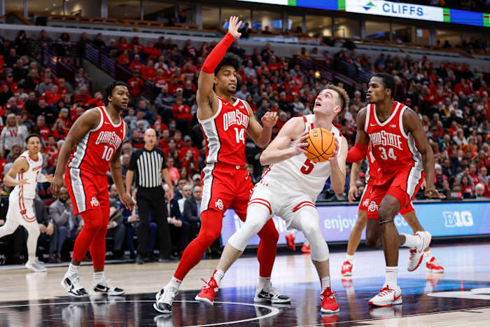 Wisconsin F Tyler Wahl going up for a layup against Ohio State in the Big 10 Tournament in Chicago, Illinois, on March 8, 2023. (Photo by Kamil Krzaczynski of USA Today Sports)
